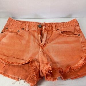 Free People Orange Jean Shorts with Frayed Hem